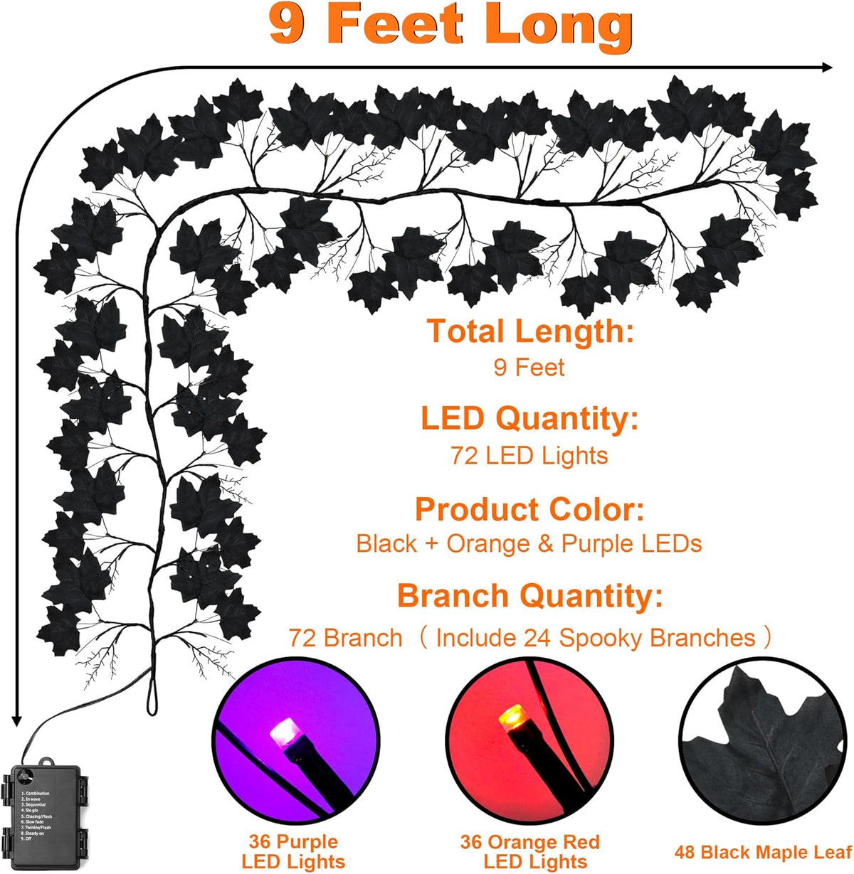 9 FT 72 LED Halloween Willow Vine Twig Decorations With Orange Lights - 8 Modes & Timer - Battery Operated Garland for Indoor Mantle Fireplace Home Decor