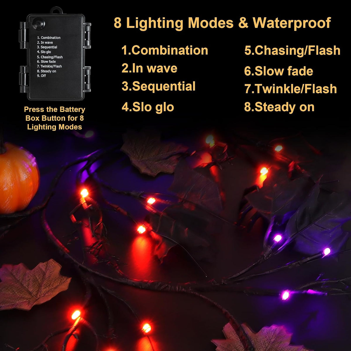 9 FT 72 LED Halloween Willow Vine Twig Decorations With Orange Lights - 8 Modes & Timer - Battery Operated Garland for Indoor Mantle Fireplace Home Decor