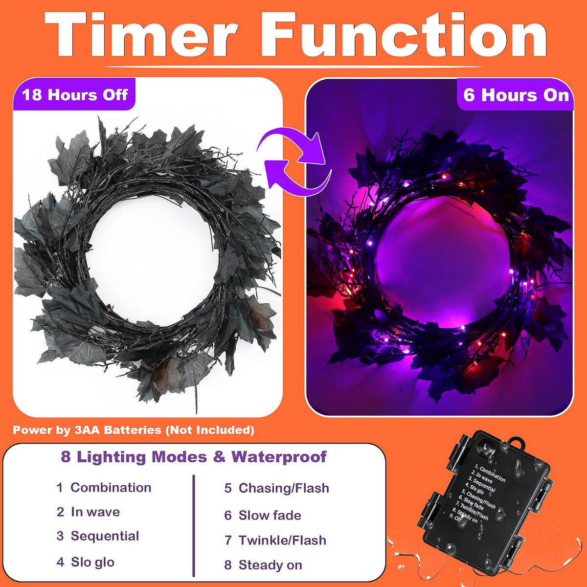 9 FT 72 LED Halloween Willow Vine Twig Decorations With Orange Lights - 8 Modes & Timer - Battery Operated Garland for Indoor Mantle Fireplace Home Decor