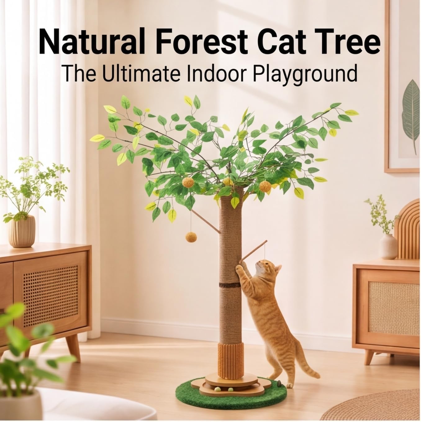 Areca Palm Cat Scratching Post Cat Scratcher Tower with 2-Layer Ball Tracks