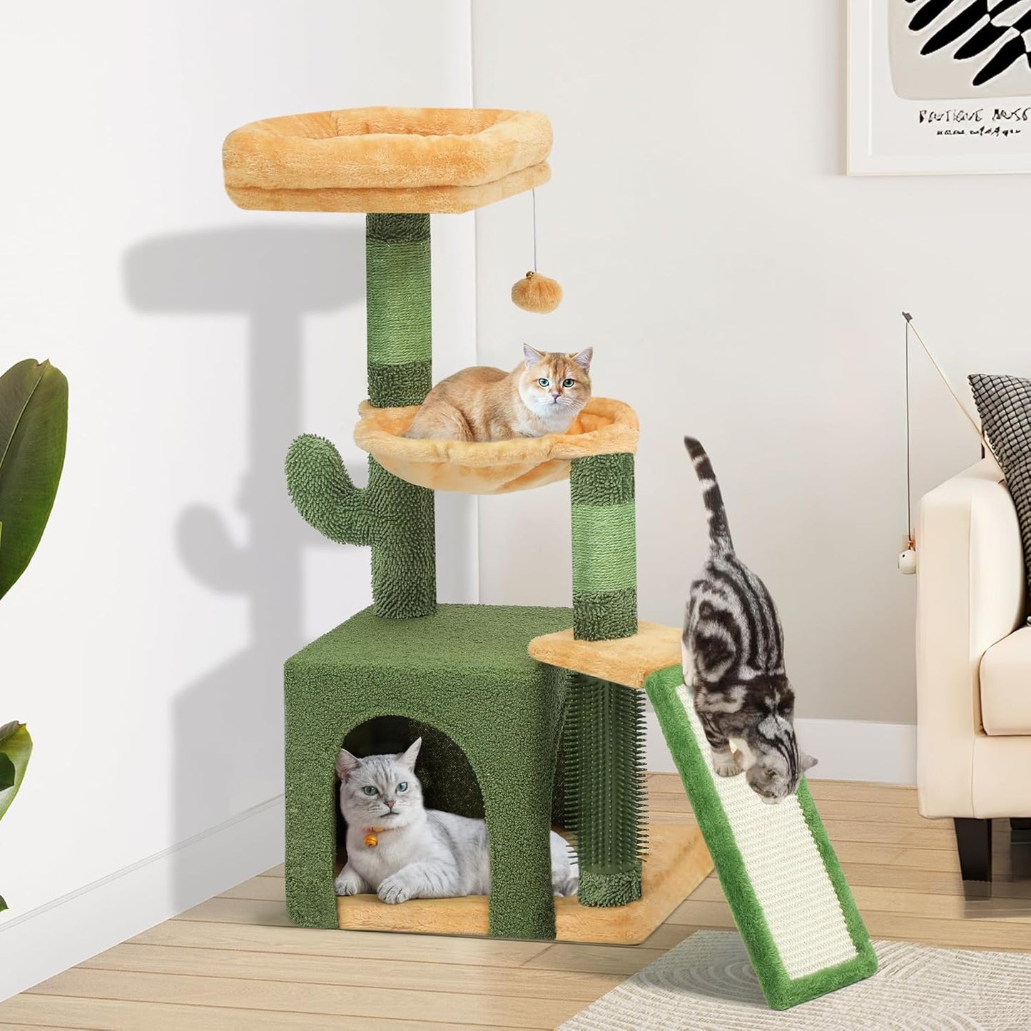 37in Tall Cactus Cat Tree Tower with Self-Grooming Brush, Cute Cat Climbing Tower for Indoor Cats with Cat Condo, Plush Platform, Hammock, Sisal Scratching Posts, Dangling Ball