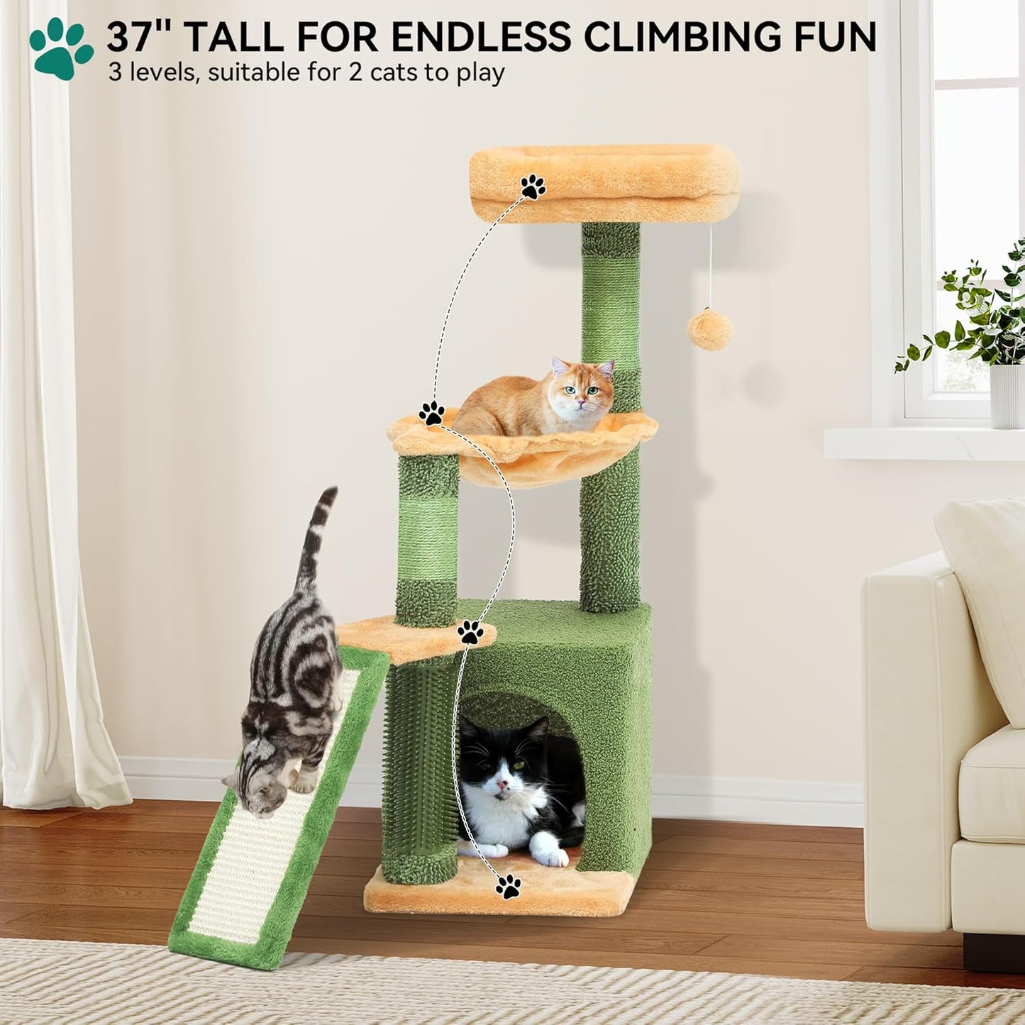 37in Tall Cactus Cat Tree Tower with Self-Grooming Brush, Cute Cat Climbing Tower for Indoor Cats with Cat Condo, Plush Platform, Hammock, Sisal Scratching Posts, Dangling Ball