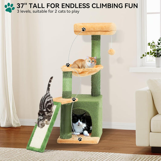 37in Tall Cactus Cat Tree Tower with Self-Grooming Brush, Cute Cat Climbing Tower for Indoor Cats with Cat Condo, Plush Platform, Hammock, Sisal Scratching Posts, Dangling Ball