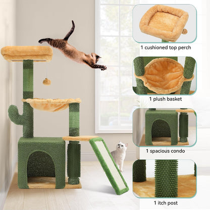 37in Tall Cactus Cat Tree Tower with Self-Grooming Brush, Cute Cat Climbing Tower for Indoor Cats with Cat Condo, Plush Platform, Hammock, Sisal Scratching Posts, Dangling Ball