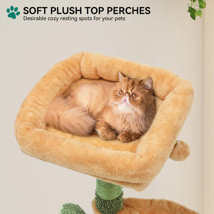37in Tall Cactus Cat Tree Tower with Self-Grooming Brush, Cute Cat Climbing Tower for Indoor Cats with Cat Condo, Plush Platform, Hammock, Sisal Scratching Posts, Dangling Ball