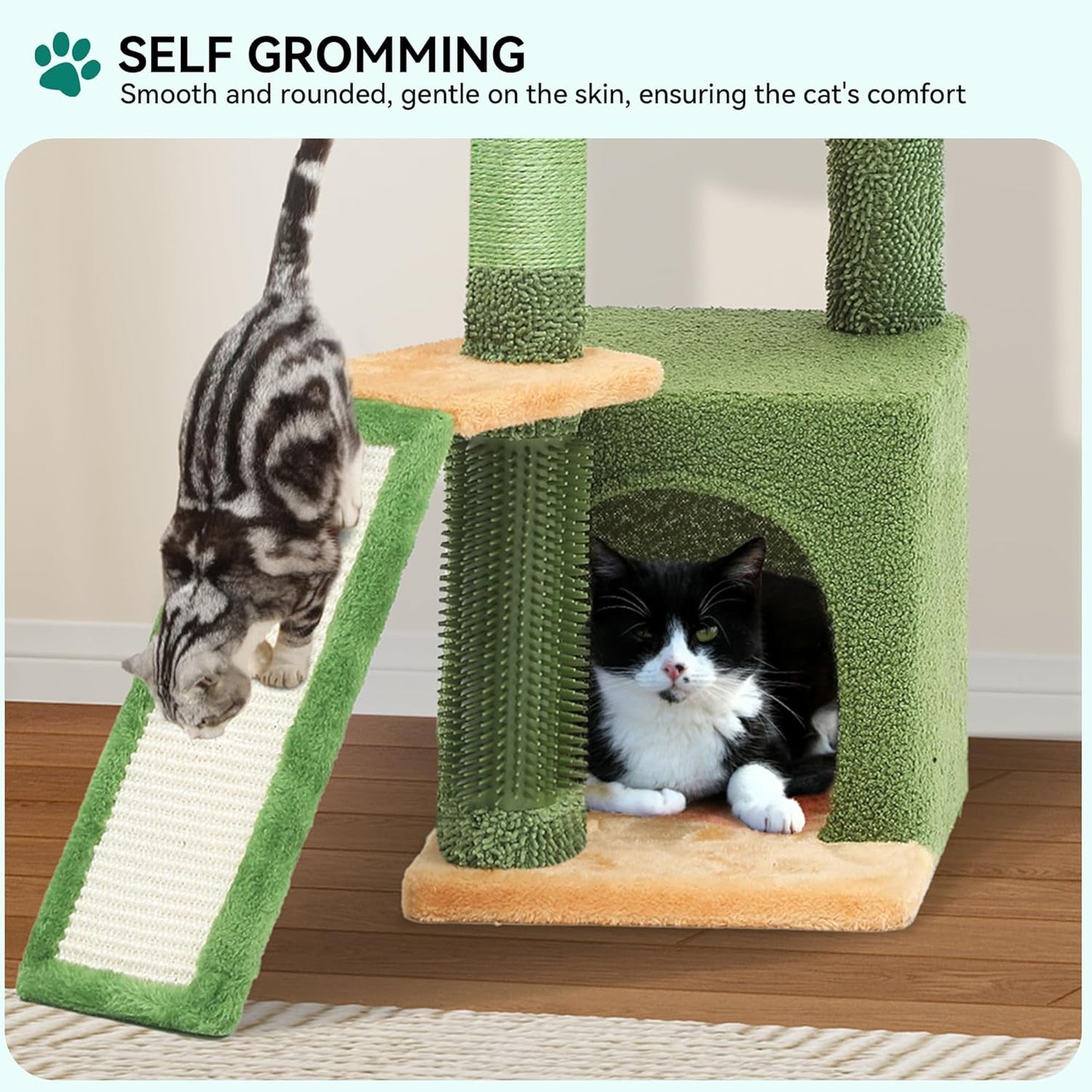 37in Tall Cactus Cat Tree Tower with Self-Grooming Brush, Cute Cat Climbing Tower for Indoor Cats with Cat Condo, Plush Platform, Hammock, Sisal Scratching Posts, Dangling Ball