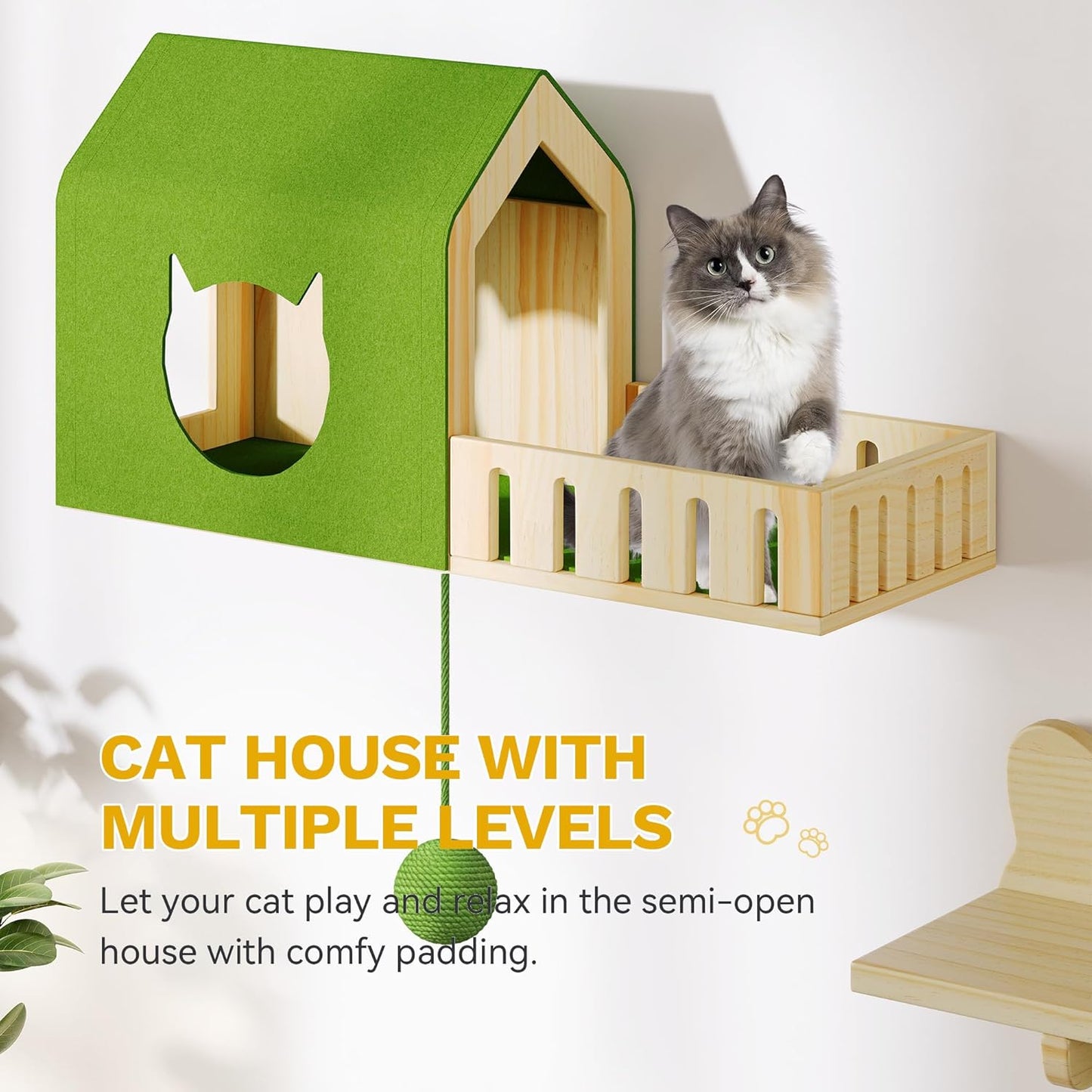37in Tall Cactus Cat Tree Tower with Self-Grooming Brush, Cute Cat Climbing Tower for Indoor Cats with Cat Condo, Plush Platform, Hammock, Sisal Scratching Posts, Dangling Ball