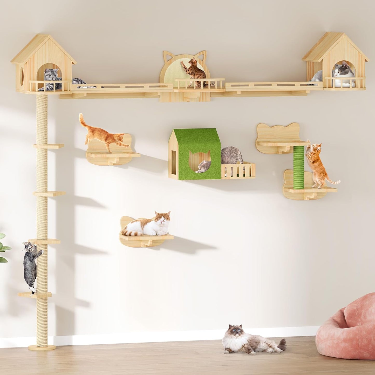 37in Tall Cactus Cat Tree Tower with Self-Grooming Brush, Cute Cat Climbing Tower for Indoor Cats with Cat Condo, Plush Platform, Hammock, Sisal Scratching Posts, Dangling Ball