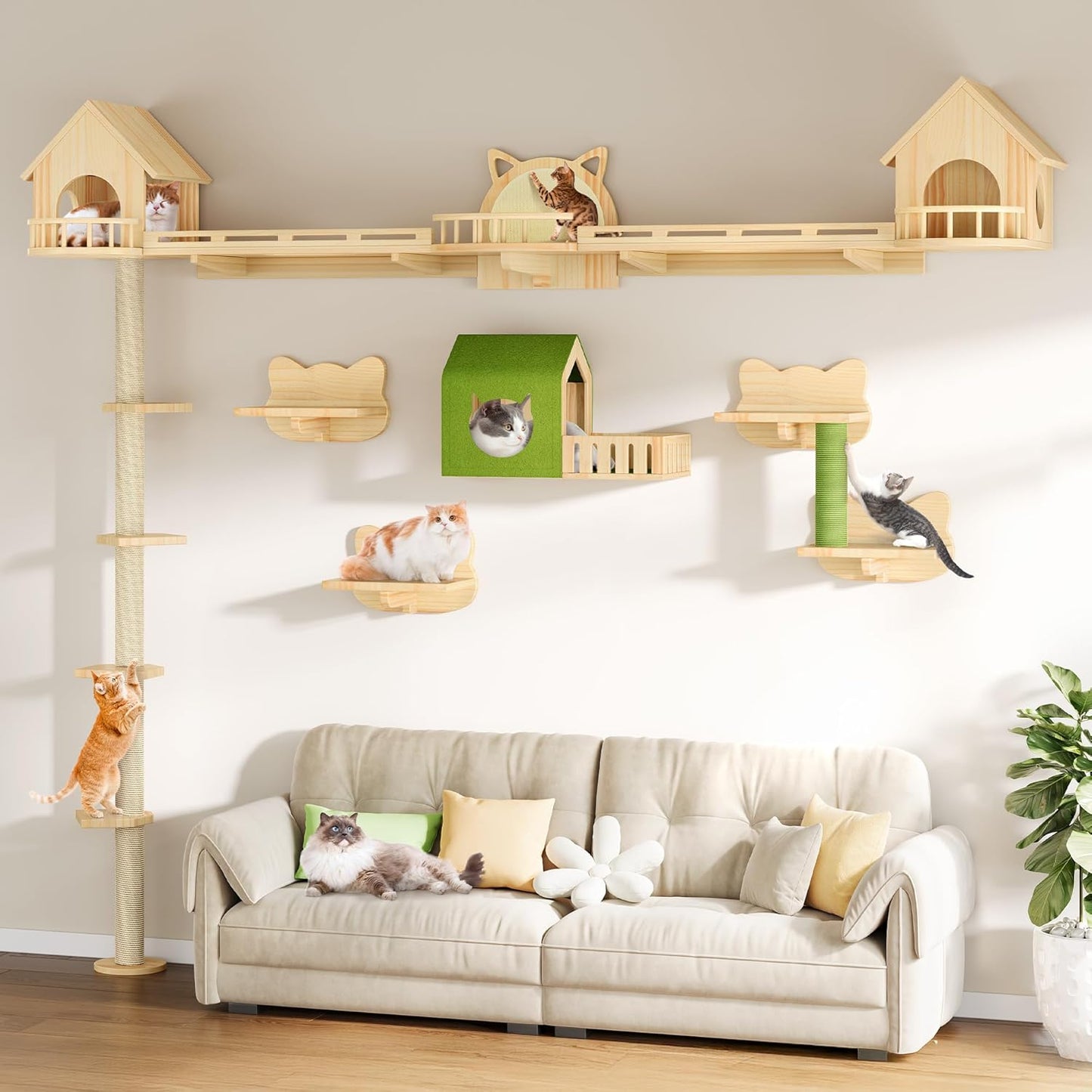37in Tall Cactus Cat Tree Tower with Self-Grooming Brush, Cute Cat Climbing Tower for Indoor Cats with Cat Condo, Plush Platform, Hammock, Sisal Scratching Posts, Dangling Ball