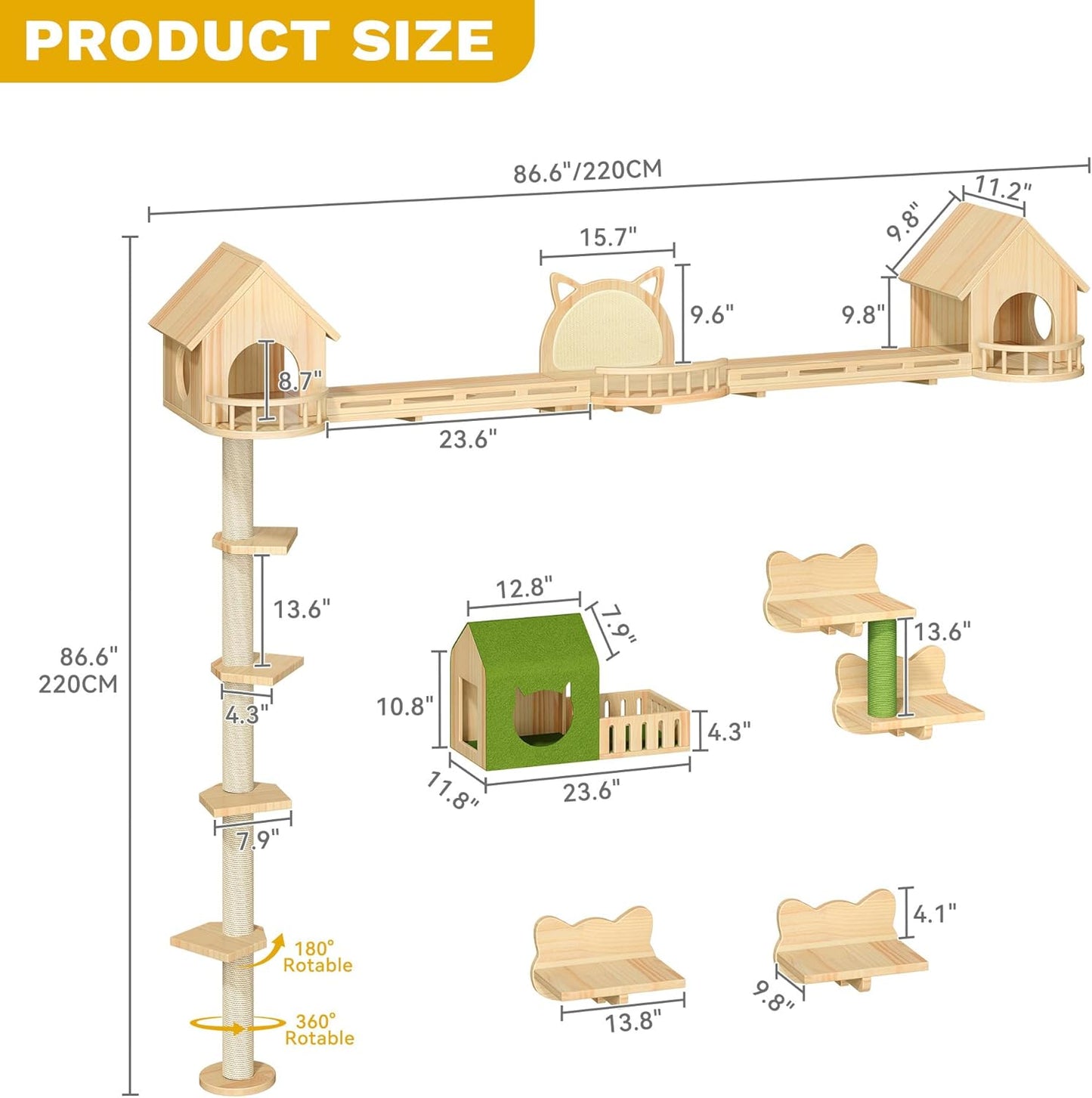 37in Tall Cactus Cat Tree Tower with Self-Grooming Brush, Cute Cat Climbing Tower for Indoor Cats with Cat Condo, Plush Platform, Hammock, Sisal Scratching Posts, Dangling Ball