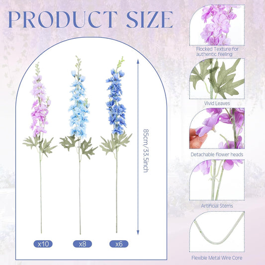 24 Pcs Artificial Delphinium Flowers Bulk,Blue Violet Harmony