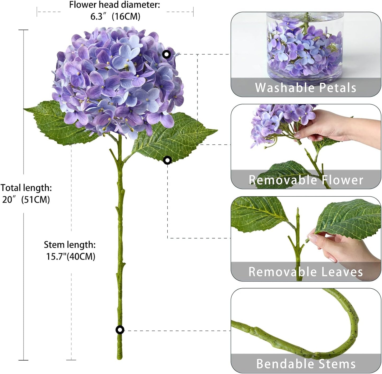 20" 4PCS Artificial Light Blue Hydrangea Flowers Large Faux Latex Real Touch Fake Hydrangeas Silk Bouquet with Leaves Stems for Family Table Office Wedding Party Arrangements