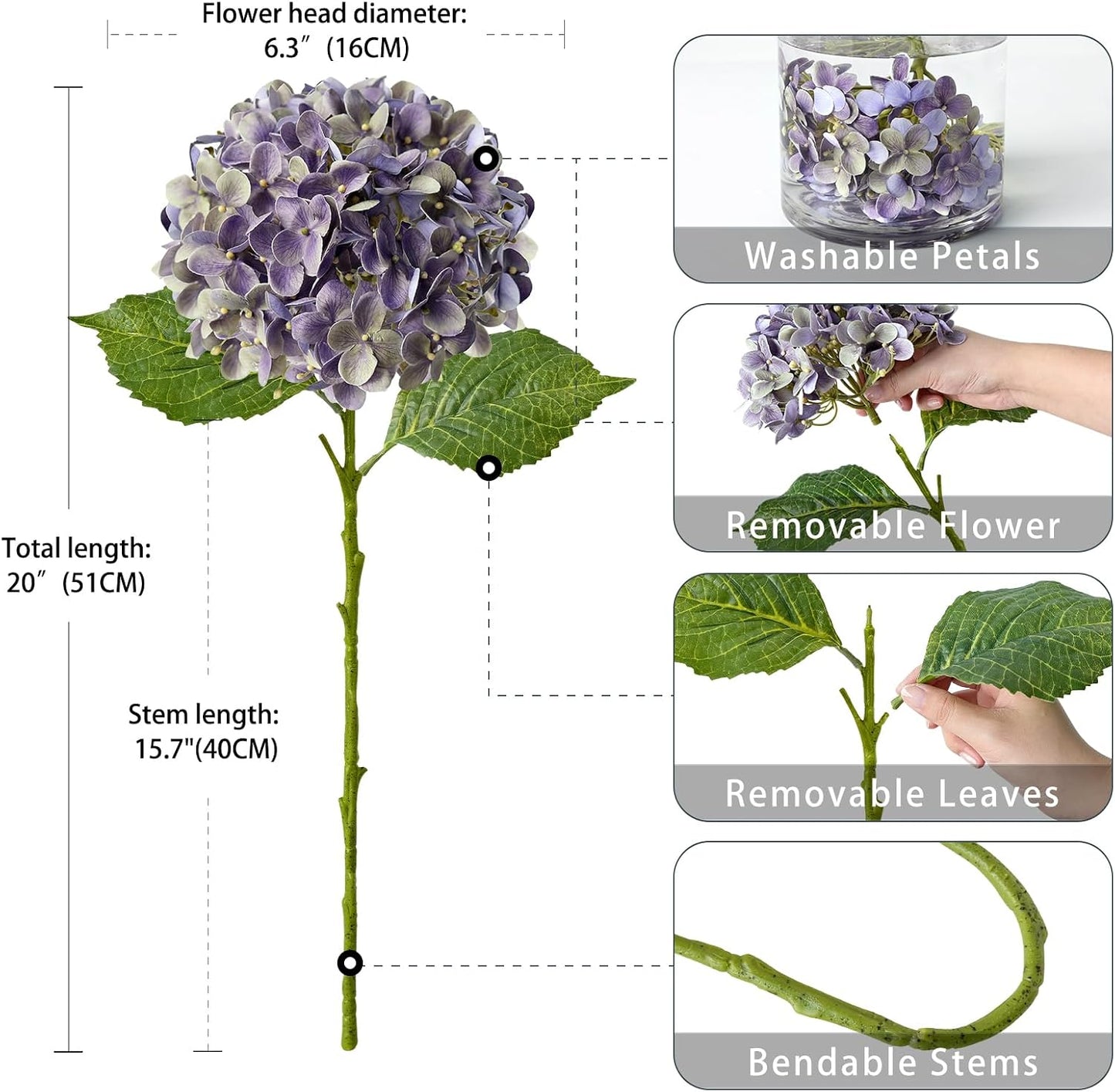 20" 4PCS Artificial Light Blue Hydrangea Flowers Large Faux Latex Real Touch Fake Hydrangeas Silk Bouquet with Leaves Stems for Family Table Office Wedding Party Arrangements