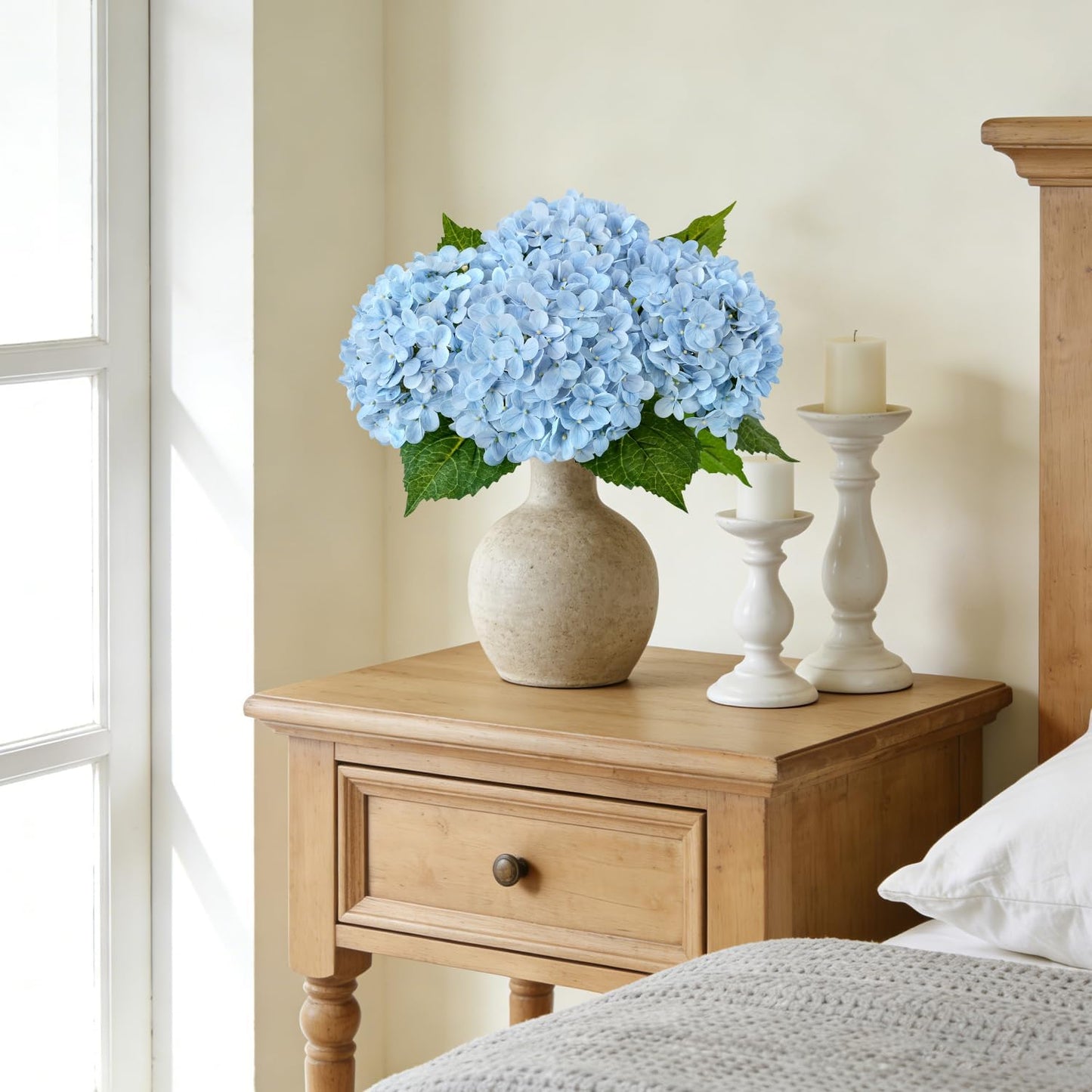 20" 4PCS Artificial Light Blue Hydrangea Flowers Large Faux Latex Real Touch Fake Hydrangeas Silk Bouquet with Leaves Stems for Family Table Office Wedding Party Arrangements