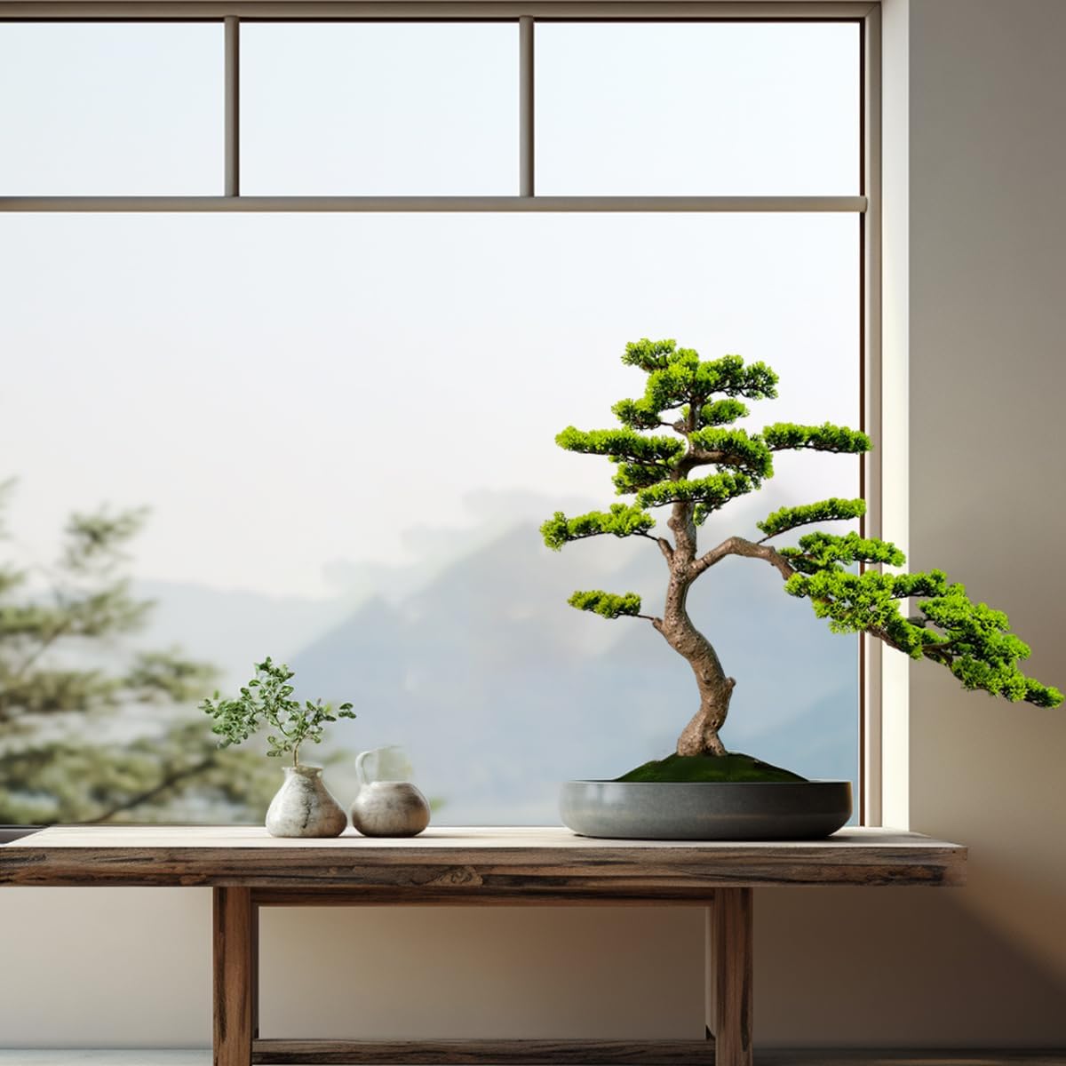2.3ft Artificial Juniper Bonsai Tree with Black Plastic Pot