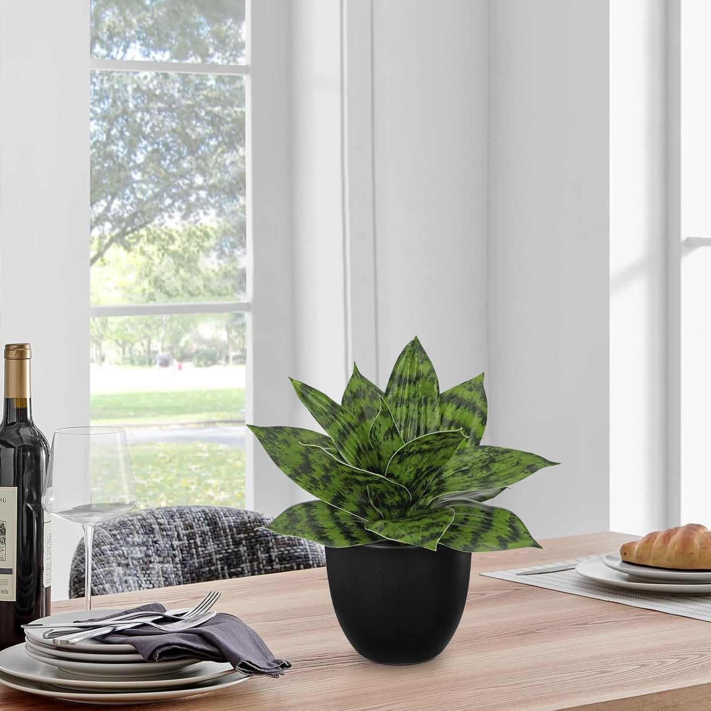 Artificial Snake Plants 9" Faux Agave Succulent Plant Potted in Black Pot Fake Sansevieria Aloe Tropical Plant for Desk Modern Office Home Bathroom Indoor Outdoor Decor