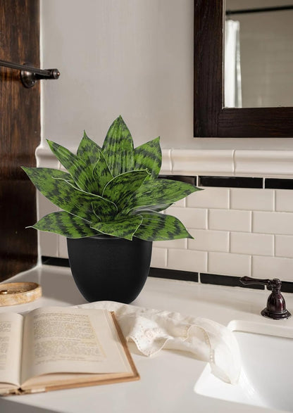 Artificial Snake Plants 9" Faux Agave Succulent Plant Potted in Black Pot Fake Sansevieria Aloe Tropical Plant for Desk Modern Office Home Bathroom Indoor Outdoor Decor
