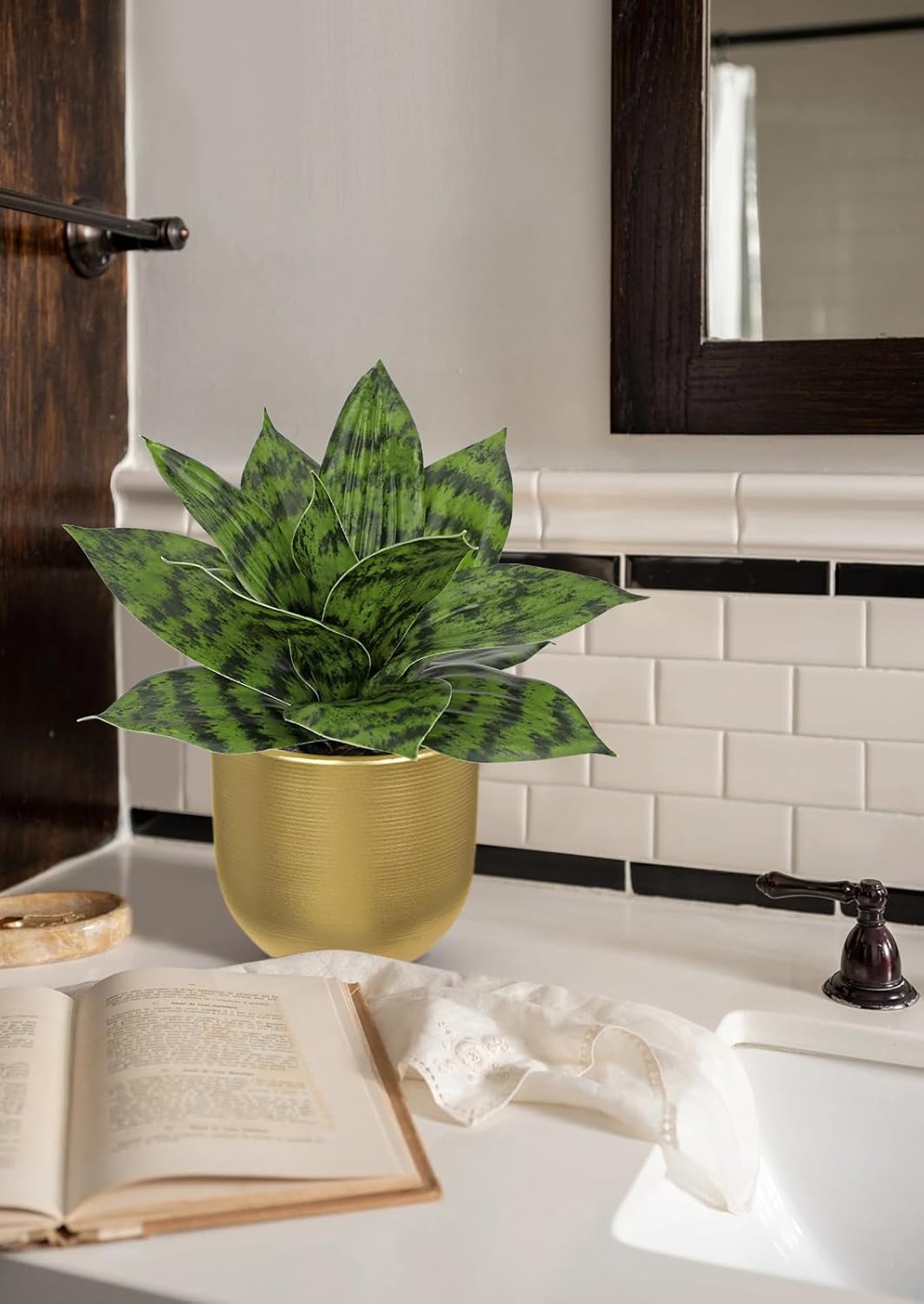Artificial Snake Plants 9" Faux Agave Succulent Plant Potted in Black Pot Fake Sansevieria Aloe Tropical Plant for Desk Modern Office Home Bathroom Indoor Outdoor Decor