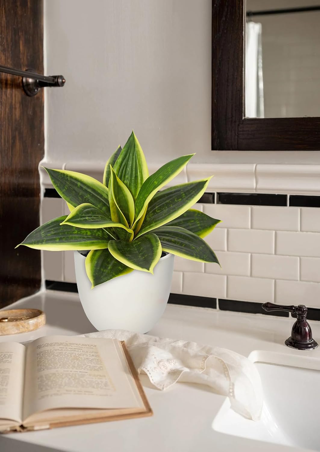 Artificial Snake Plants 9" Faux Agave Succulent Plant Potted in Black Pot Fake Sansevieria Aloe Tropical Plant for Desk Modern Office Home Bathroom Indoor Outdoor Decor