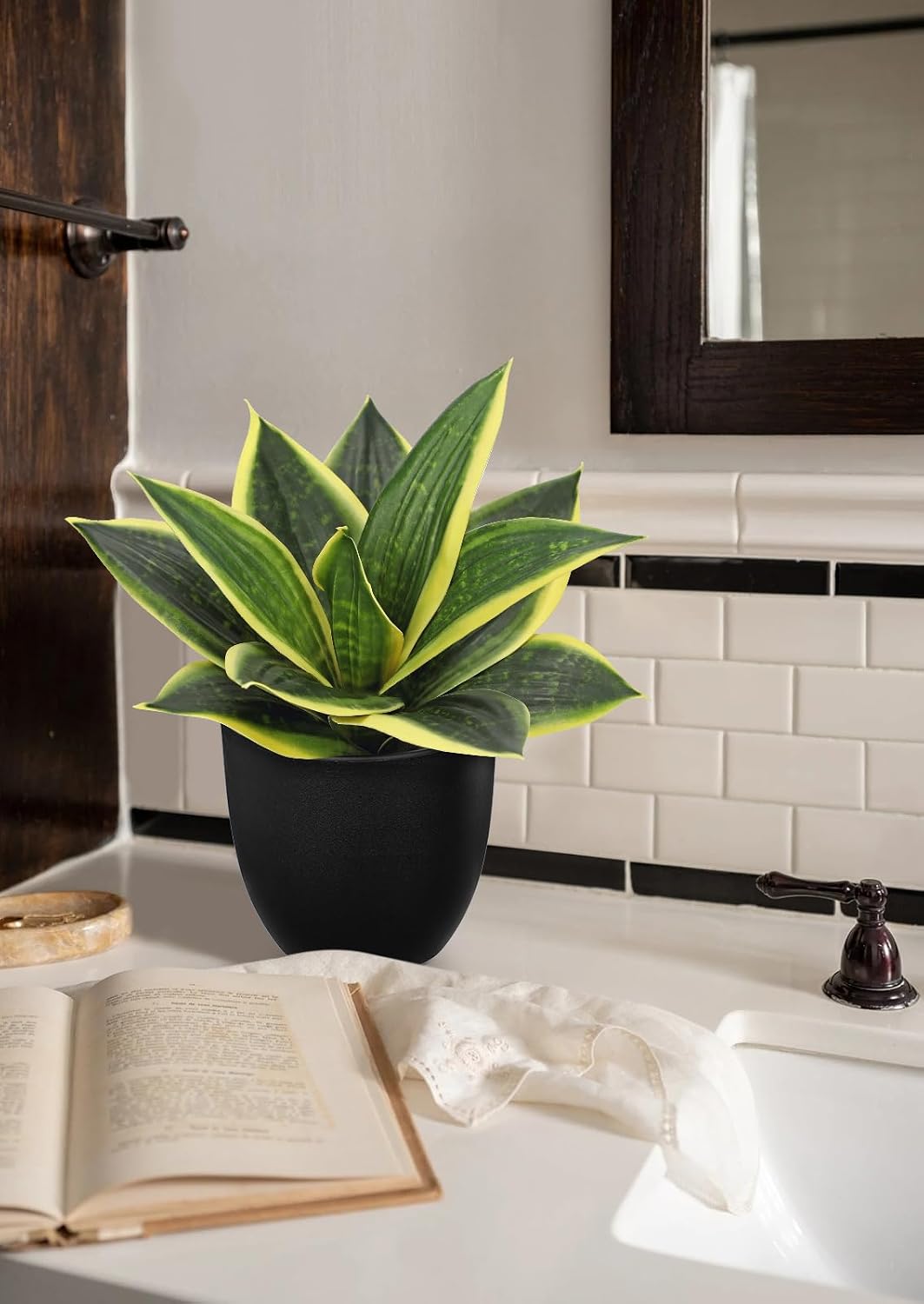 Artificial Snake Plants 9" Faux Agave Succulent Plant Potted in Black Pot Fake Sansevieria Aloe Tropical Plant for Desk Modern Office Home Bathroom Indoor Outdoor Decor
