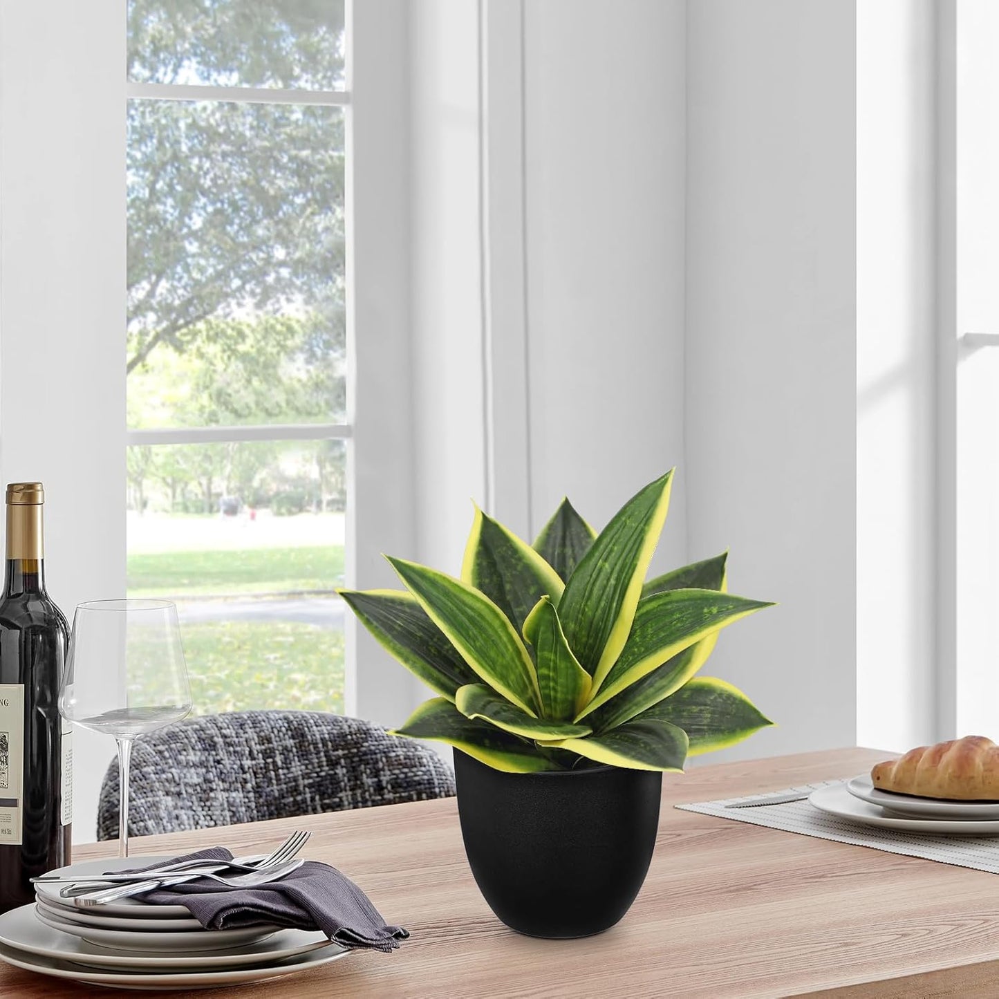 Artificial Snake Plants 9" Faux Agave Succulent Plant Potted in Black Pot Fake Sansevieria Aloe Tropical Plant for Desk Modern Office Home Bathroom Indoor Outdoor Decor