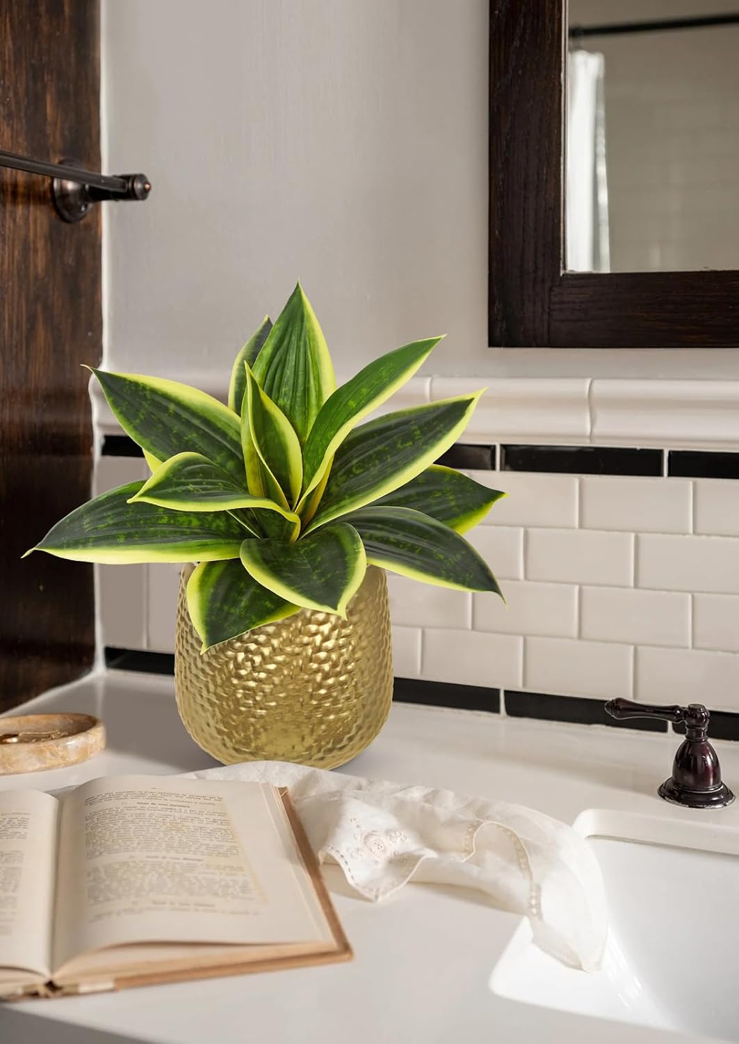 Artificial Snake Plants 9" Faux Agave Succulent Plant Potted in Black Pot Fake Sansevieria Aloe Tropical Plant for Desk Modern Office Home Bathroom Indoor Outdoor Decor