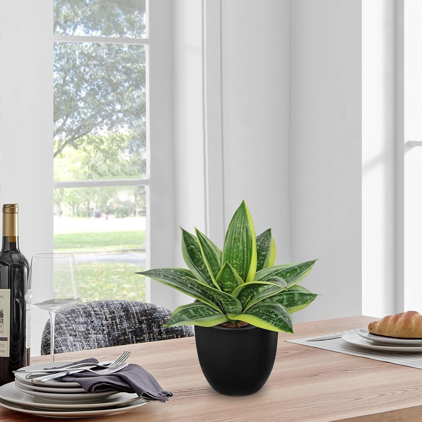 Artificial Snake Plants 9" Faux Agave Succulent Plant Potted in Black Pot Fake Sansevieria Aloe Tropical Plant for Desk Modern Office Home Bathroom Indoor Outdoor Decor