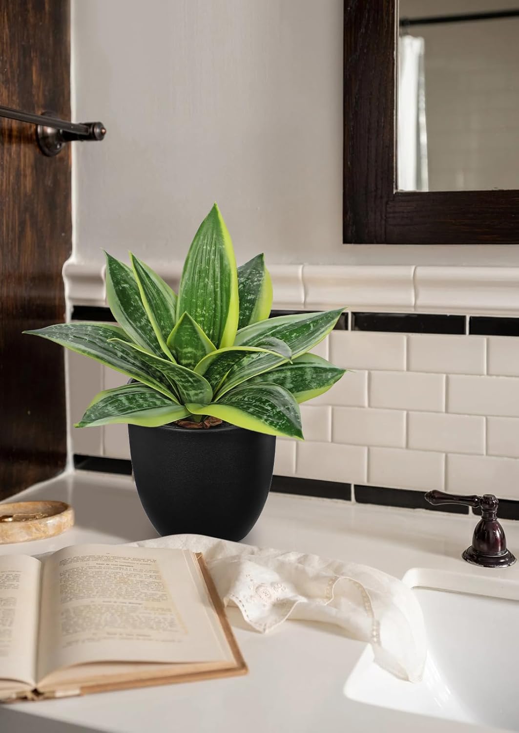 Artificial Snake Plants 9" Faux Agave Succulent Plant Potted in Black Pot Fake Sansevieria Aloe Tropical Plant for Desk Modern Office Home Bathroom Indoor Outdoor Decor