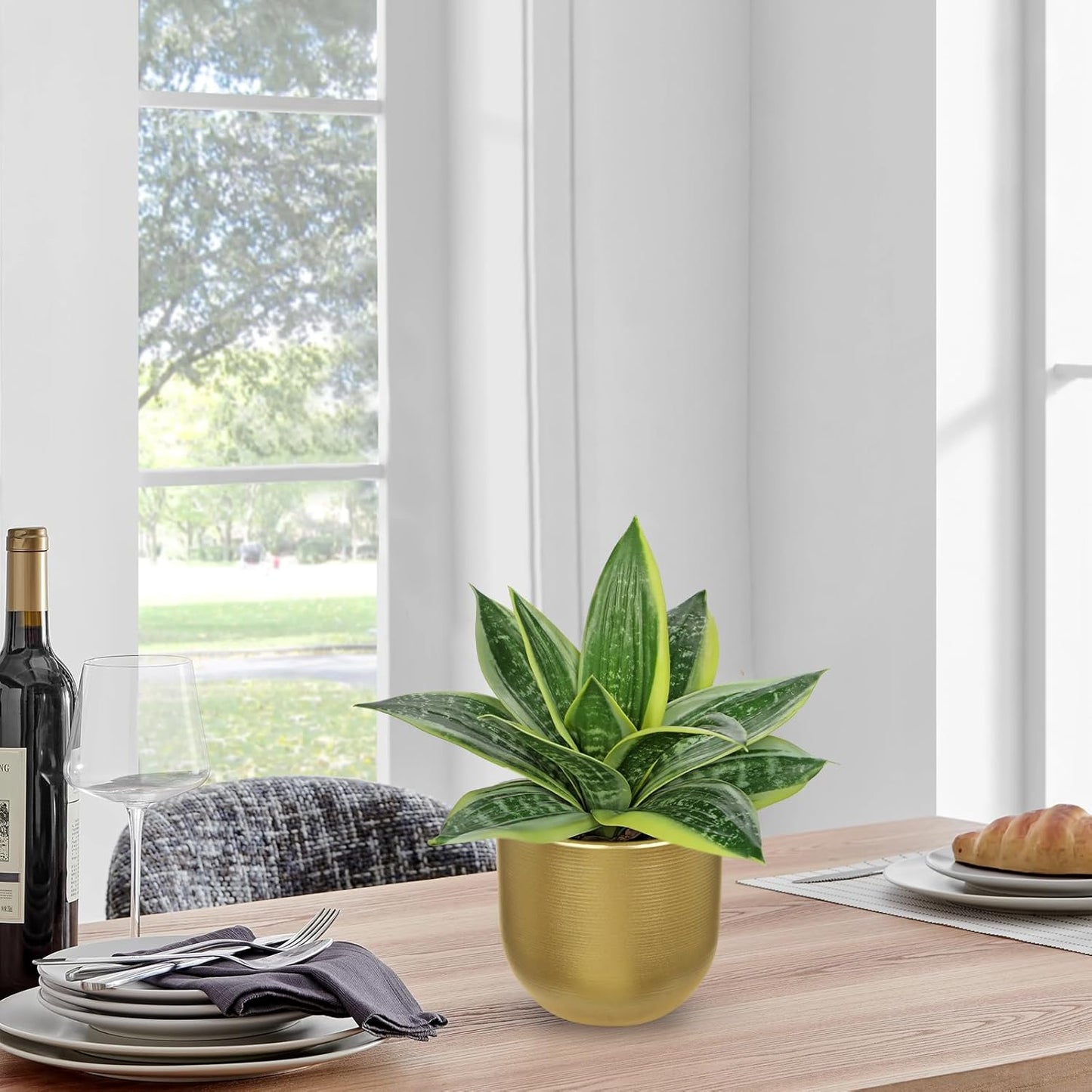 Artificial Snake Plants 9" Faux Agave Succulent Plant Potted in Black Pot Fake Sansevieria Aloe Tropical Plant for Desk Modern Office Home Bathroom Indoor Outdoor Decor