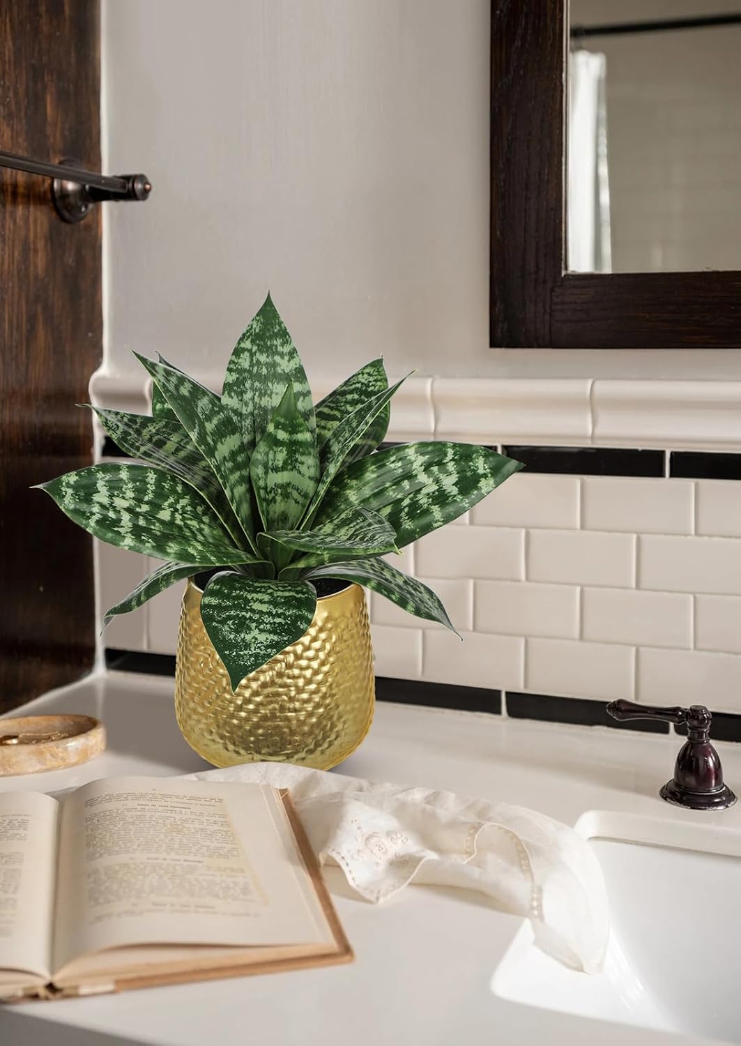 Artificial Snake Plants 9" Faux Agave Succulent Plant Potted in Black Pot Fake Sansevieria Aloe Tropical Plant for Desk Modern Office Home Bathroom Indoor Outdoor Decor