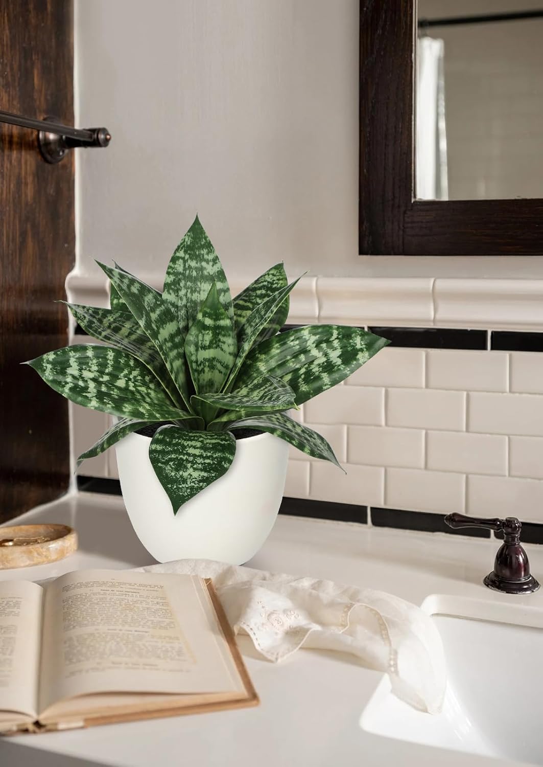 Artificial Snake Plants 9" Faux Agave Succulent Plant Potted in Black Pot Fake Sansevieria Aloe Tropical Plant for Desk Modern Office Home Bathroom Indoor Outdoor Decor