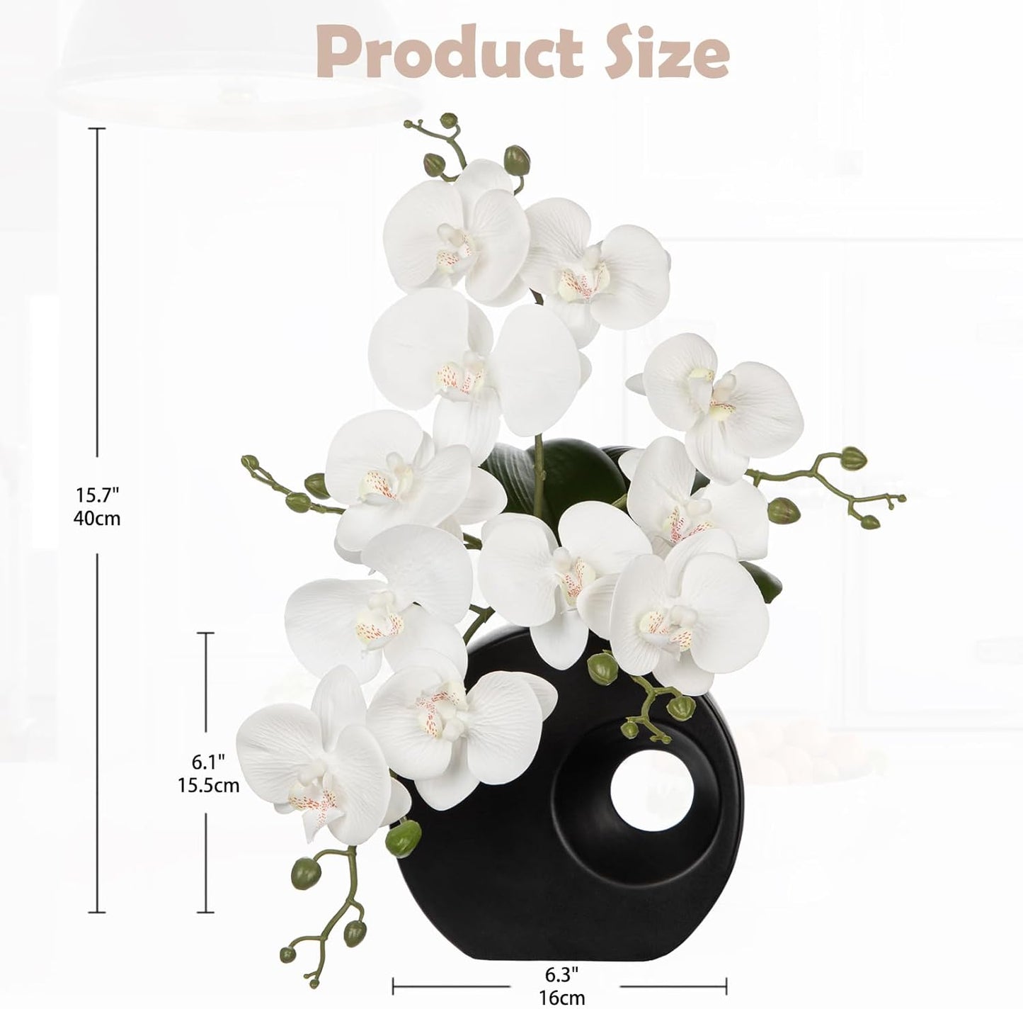 Artificial Orchid Flowers in Black Modern Ceramic Vase 15.7" Tall White Faux Orchid Arrangement Silk Orchid Flower Fake Orchid Centerpiece for Home Office Room Wedding Table Décor