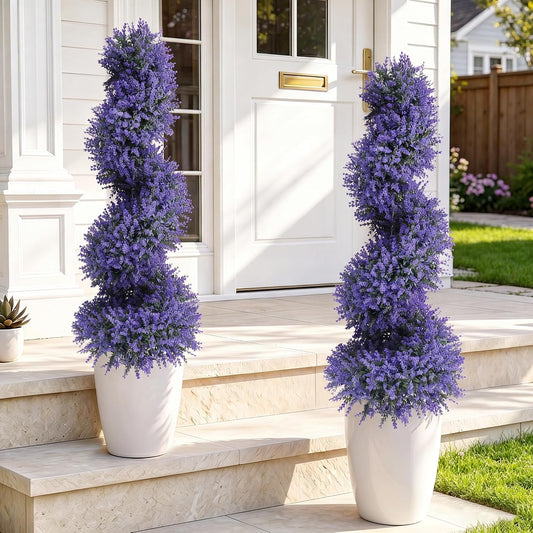 3ft Artificial Topiary Spiral Trees with Lavender Set of 2 High End Outdoor Faux Plants Realistic Large Fake Bushes Lifelike Lilac Shrubs Decorations for Outdoor Indoor Front Porch Garden