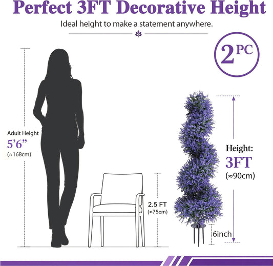 3ft Artificial Topiary Spiral Trees with Lavender Set of 2 High End Outdoor Faux Plants Realistic Large Fake Bushes Lifelike Lilac Shrubs Decorations for Outdoor Indoor Front Porch Garden