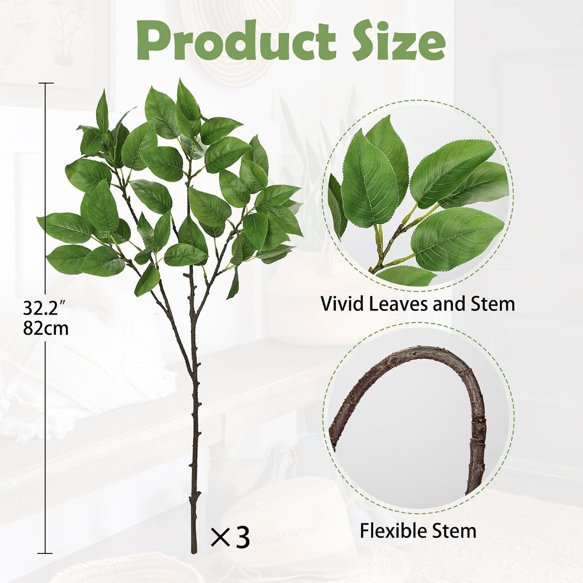 Artificial Camellia Leaf Stems 3PCS Faux Greenery Stems and 32.2” Branches for Vase Fake Leaves Silk Plant for Floor Vase Home Office Wedding Table Centerpiece Indoor Farmhouse Decor
