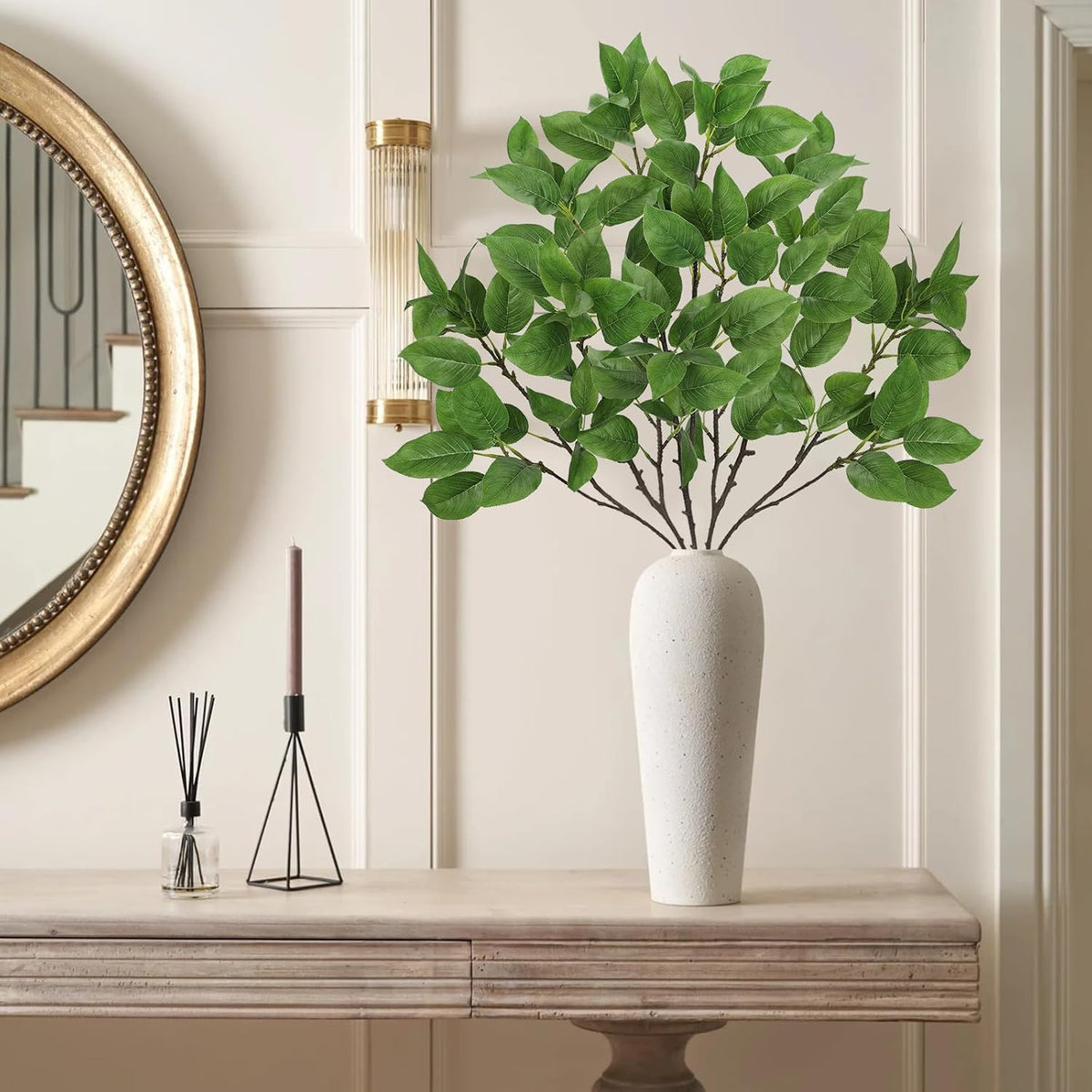 Artificial Camellia Leaf Stems 3PCS Faux Greenery Stems and 32.2” Branches for Vase Fake Leaves Silk Plant for Floor Vase Home Office Wedding Table Centerpiece Indoor Farmhouse Decor