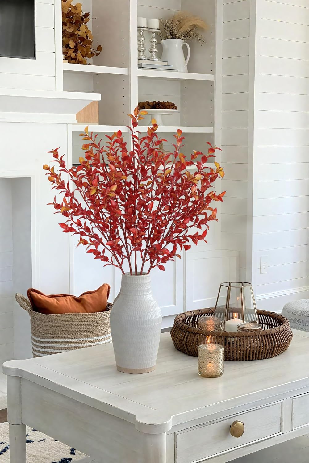 Artificial Camellia Leaf Stems 3PCS Faux Greenery Stems and 32.2” Branches for Vase Fake Leaves Silk Plant for Floor Vase Home Office Wedding Table Centerpiece Indoor Farmhouse Decor