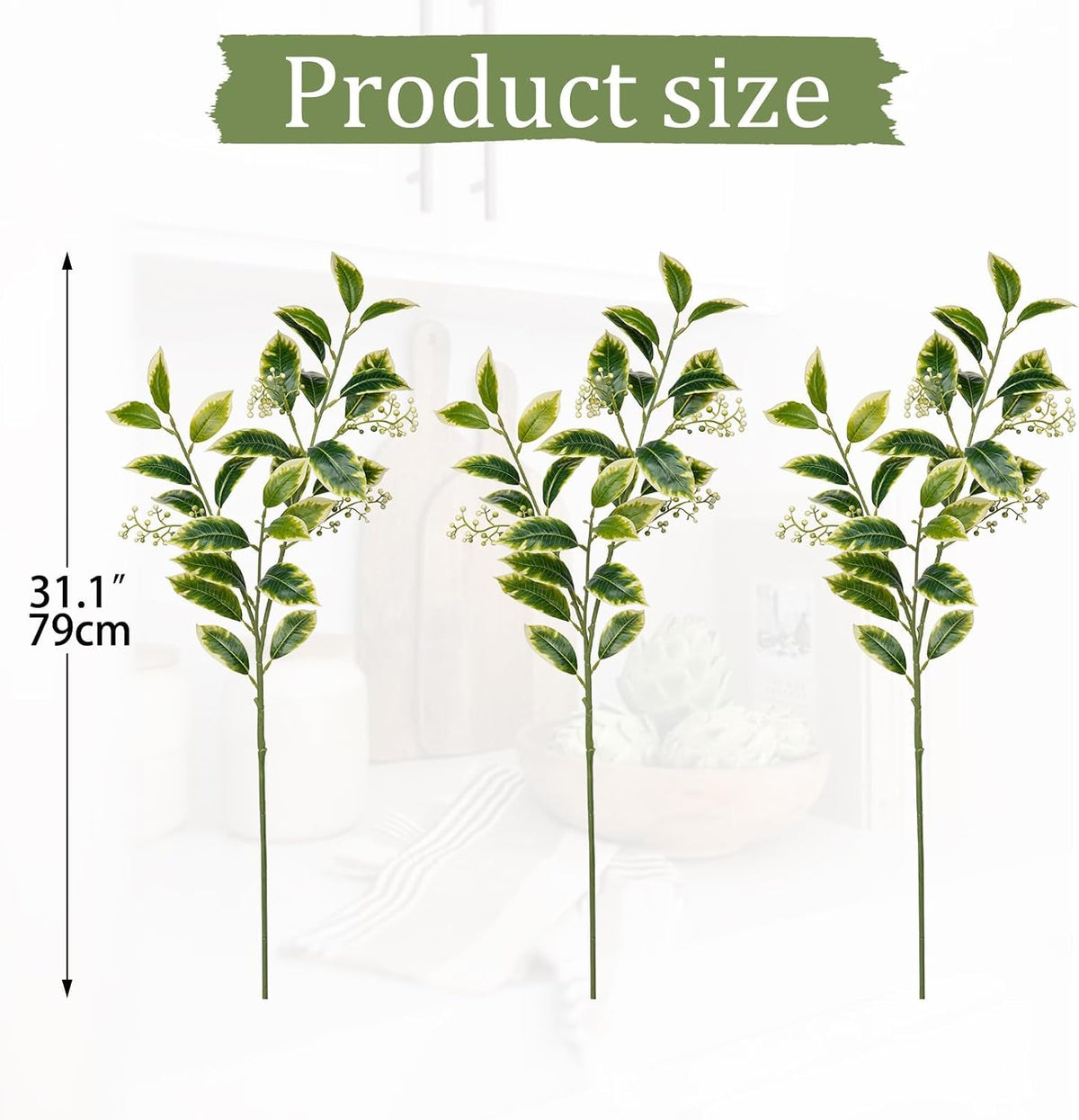 Artificial Camellia Leaf Stems 3PCS Faux Greenery Stems and 32.2” Branches for Vase Fake Leaves Silk Plant for Floor Vase Home Office Wedding Table Centerpiece Indoor Farmhouse Decor