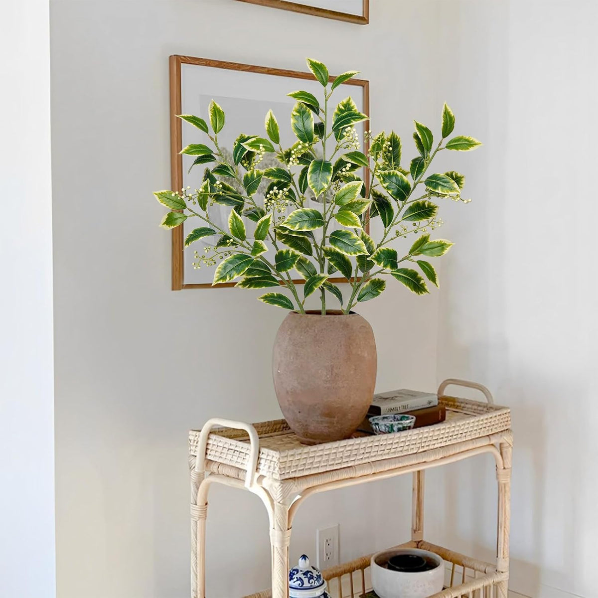 Artificial Camellia Leaf Stems 3PCS Faux Greenery Stems and 32.2” Branches for Vase Fake Leaves Silk Plant for Floor Vase Home Office Wedding Table Centerpiece Indoor Farmhouse Decor