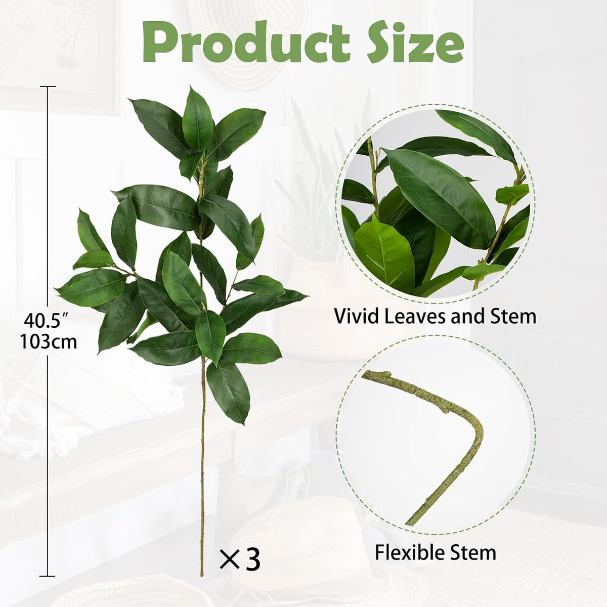Artificial Camellia Leaf Stems 3PCS Faux Greenery Stems and 32.2” Branches for Vase Fake Leaves Silk Plant for Floor Vase Home Office Wedding Table Centerpiece Indoor Farmhouse Decor