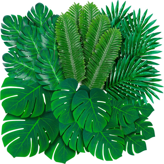 Palm Leaves Artificial Tropical Monstera - 6 Kinds Large Small Green Fake Palm Leaf with Stems for Safari Jungle Hawaiian Luau Party Table Decoration Wedding Birthday Theme Party Decorations