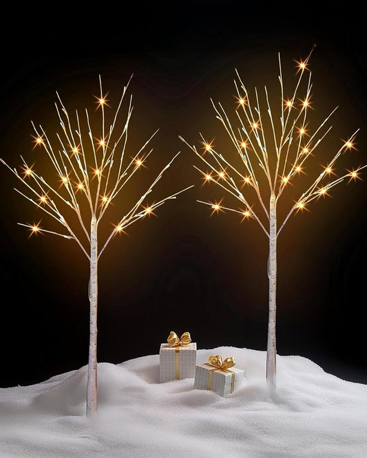 2 Pack Lighted Birch Tree, 4 FT Total 96 LED Pre-lit Artificial Christmas Trees for Thanksgiving Christmas Decorations Indoor Outdoor Home Festival Wedding Party, Warm White
