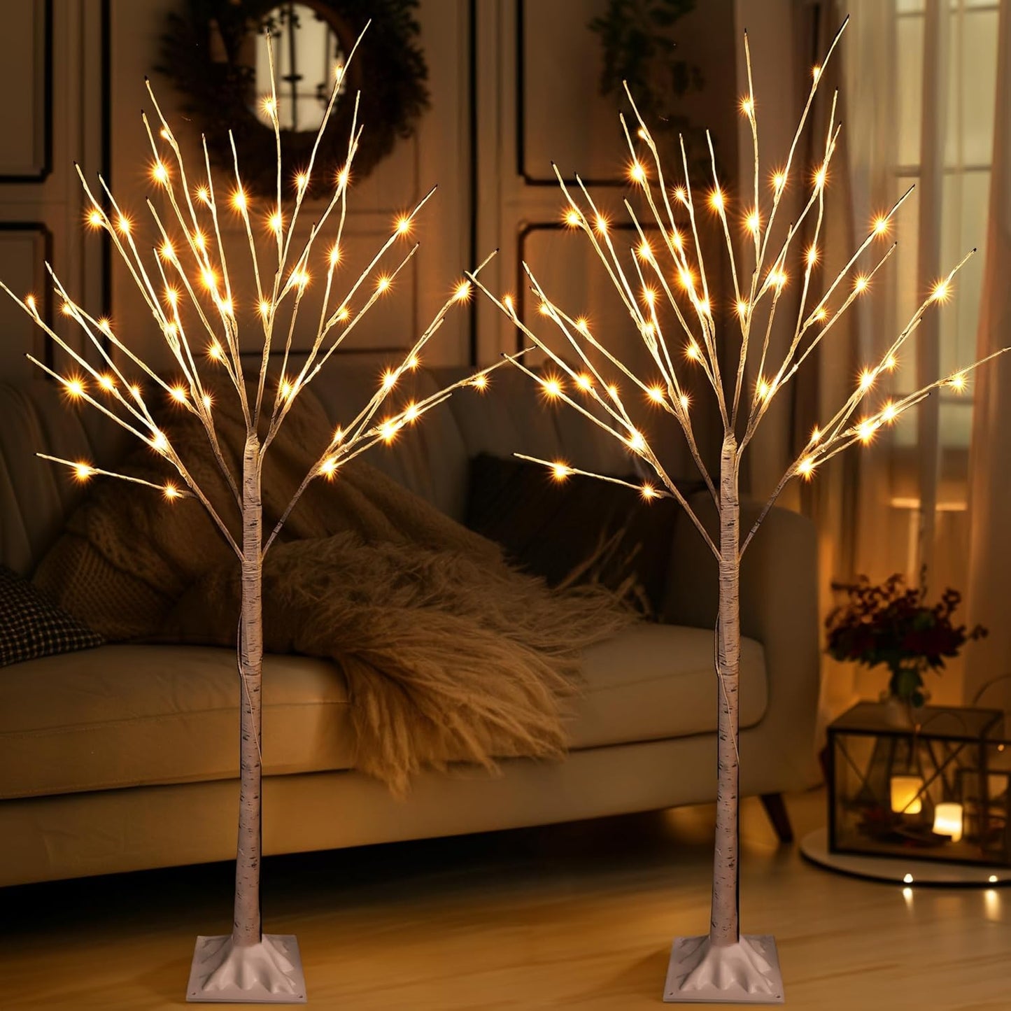 2 Pack Lighted Birch Tree, 4 FT Total 96 LED Pre-lit Artificial Christmas Trees for Thanksgiving Christmas Decorations Indoor Outdoor Home Festival Wedding Party, Warm White
