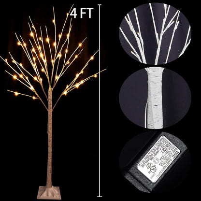 2 Pack Lighted Birch Tree, 4 FT Total 96 LED Pre-lit Artificial Christmas Trees for Thanksgiving Christmas Decorations Indoor Outdoor Home Festival Wedding Party, Warm White
