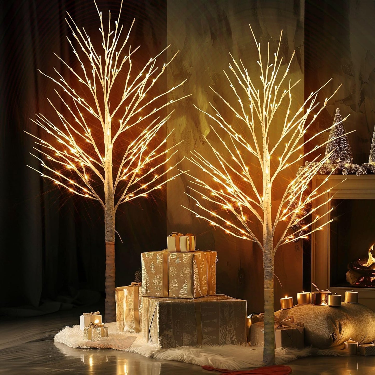 2 Pack Lighted Birch Tree, 4 FT Total 96 LED Pre-lit Artificial Christmas Trees for Thanksgiving Christmas Decorations Indoor Outdoor Home Festival Wedding Party, Warm White