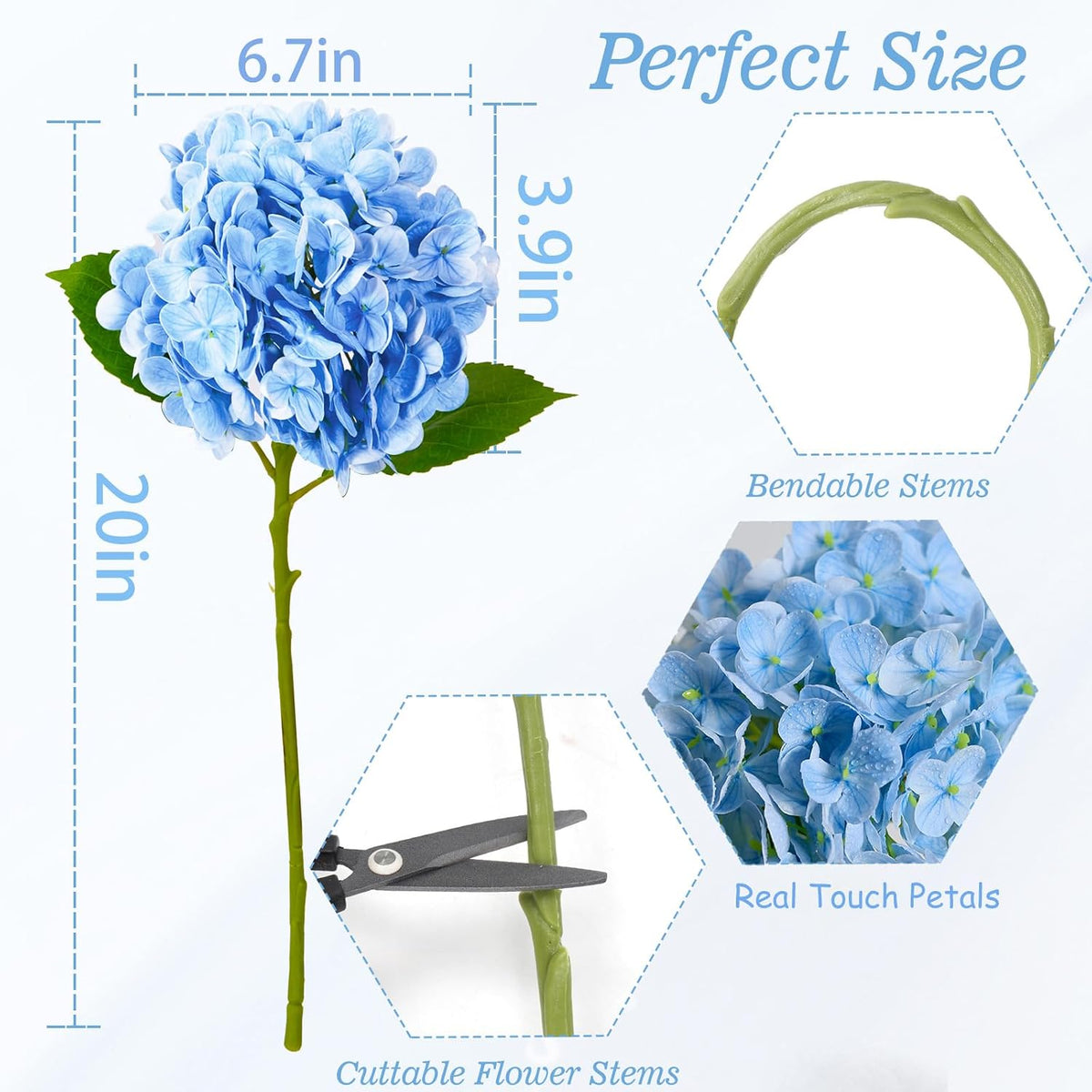 20" 4Pcs Blue Faux Hydrangea Flowers with Leaves Stems