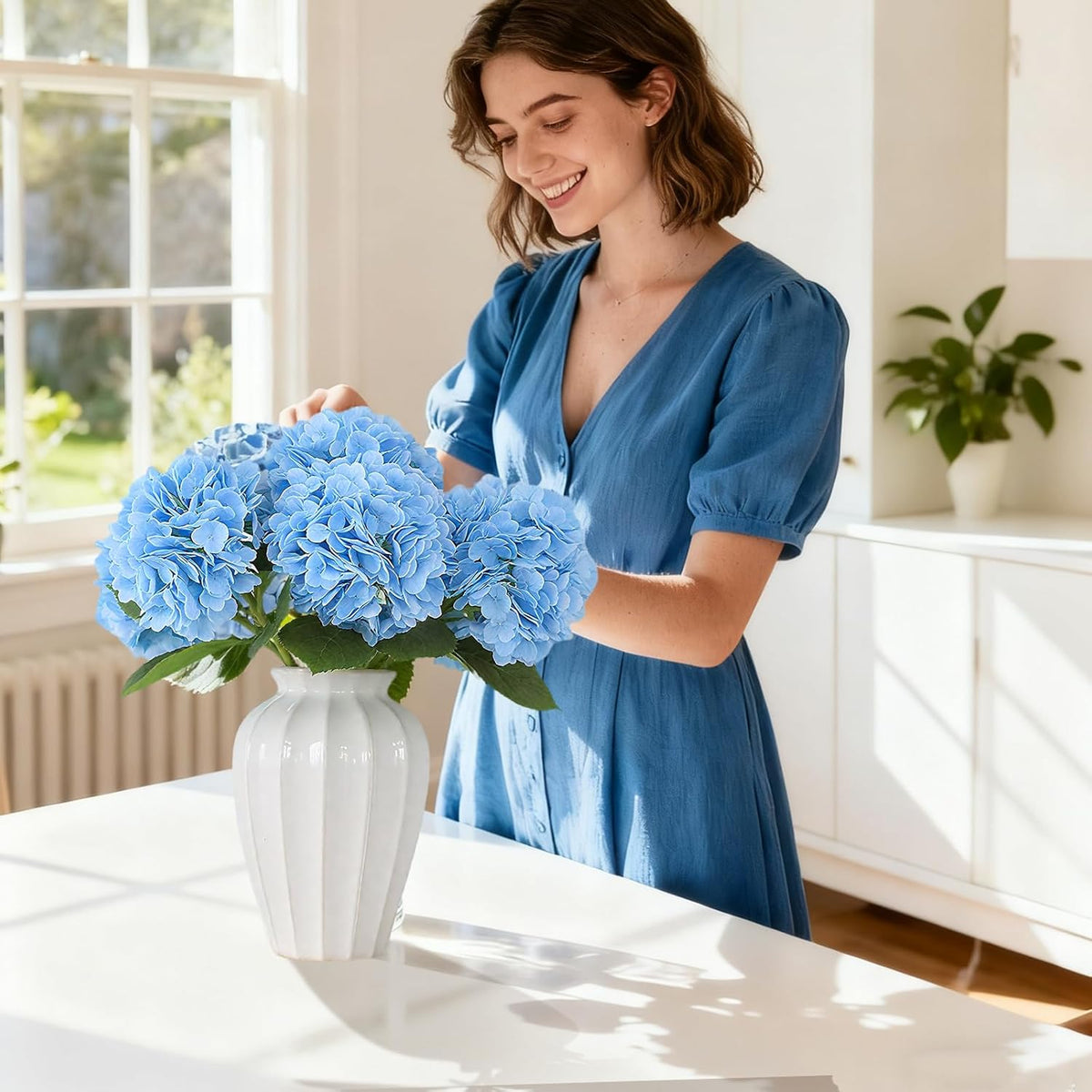 20" 4Pcs Blue Faux Hydrangea Flowers with Leaves Stems