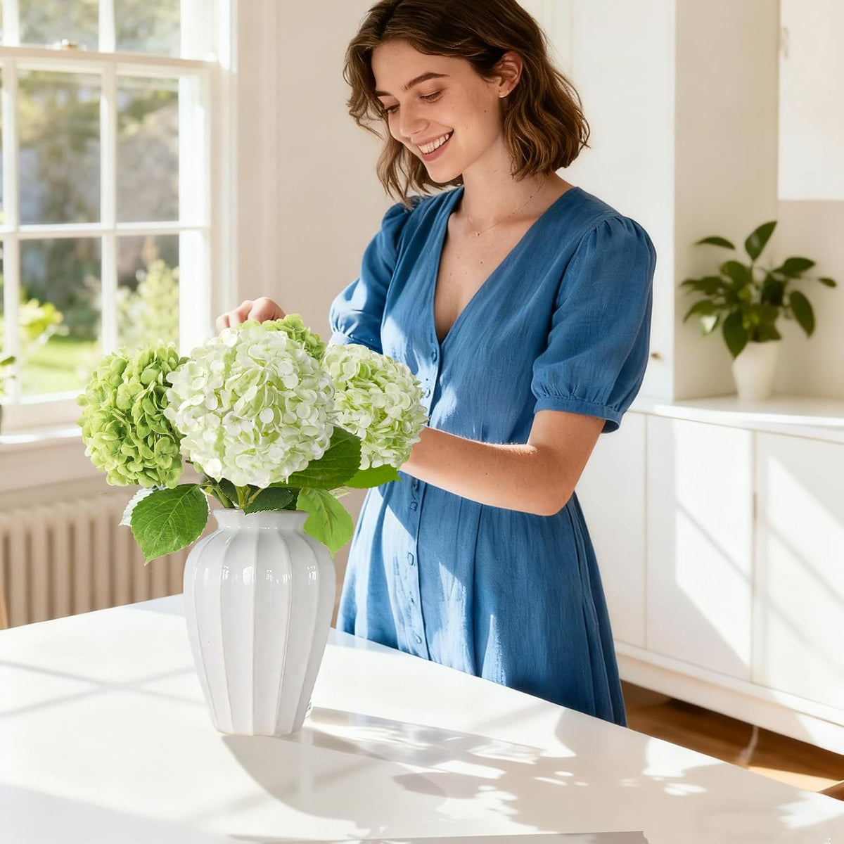 20" 4Pcs Blue Faux Hydrangea Flowers with Leaves Stems