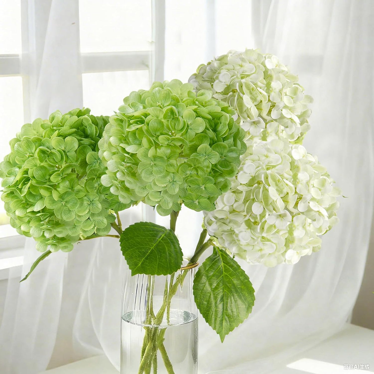 20" 4Pcs Blue Faux Hydrangea Flowers with Leaves Stems