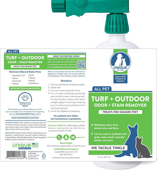 Turf + Outdoor Odor and Stain Remover, Enzyme Cleaner for Dog, Cat & Animal Urine, Eliminates Yard Odors on Grass, Artificial Turf, Patio & Concrete, Hose-Connector Bottle, 30 oz